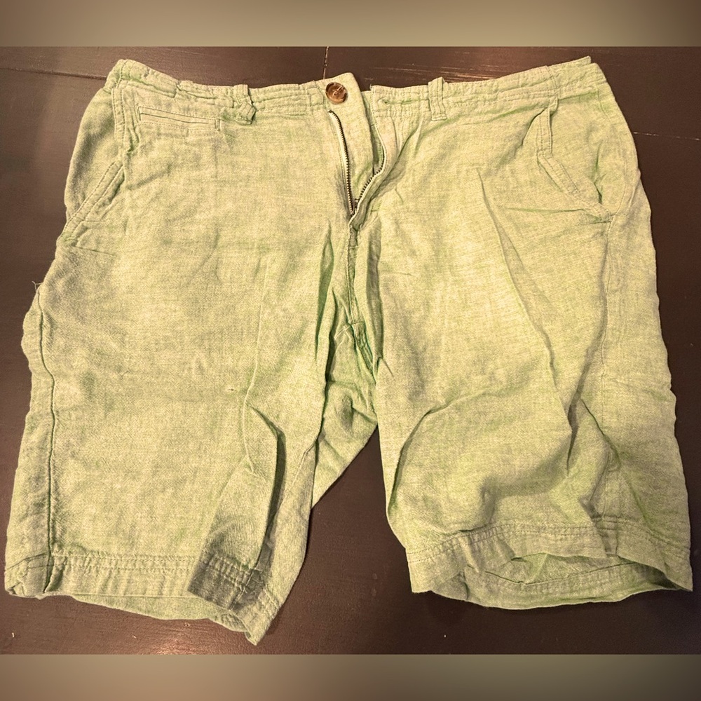 Wallin & Bros Shorts Men 32 Flat Front Green Linen Cotton Lightweight Chino